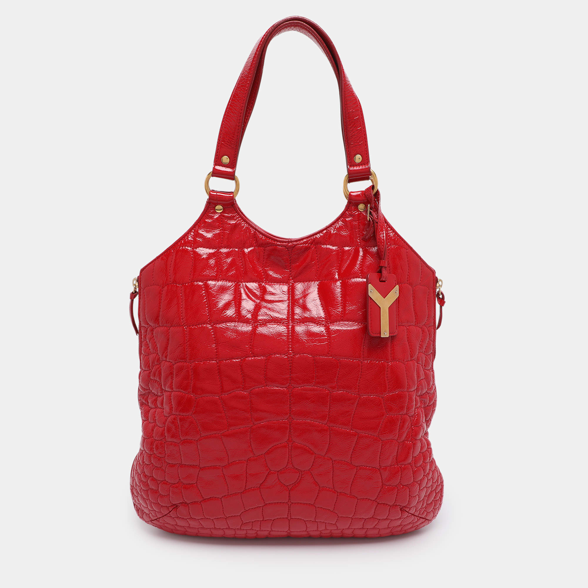 Pre Owned Yves Saint Laurent Red Croc Embossed Patent Leather Tribute Tote