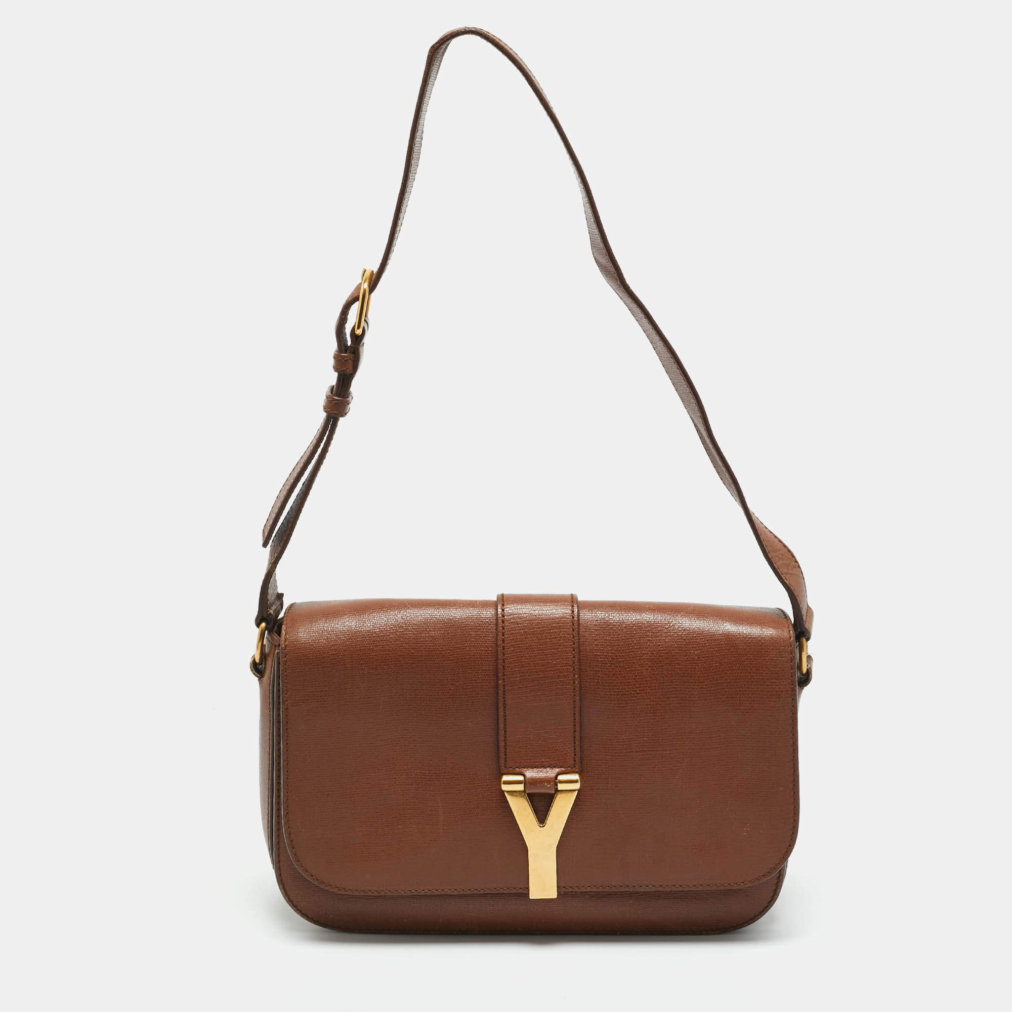 Pre Owned Yves Saint Laurent Brown Leather Large Chyc Flap Shoulder Bag