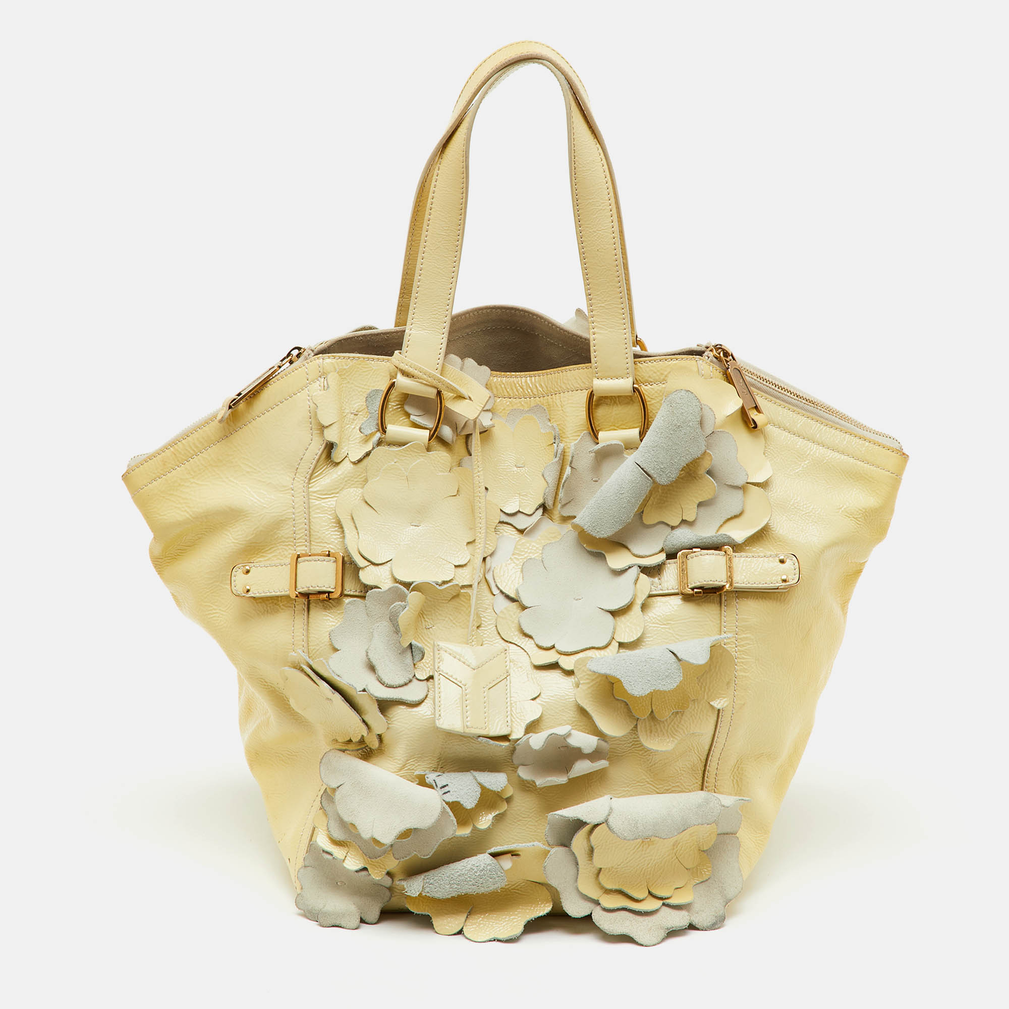 Pre Owned Yves Saint Laurent Light Yellow Patent Leather Floral Applique Downtown Tote