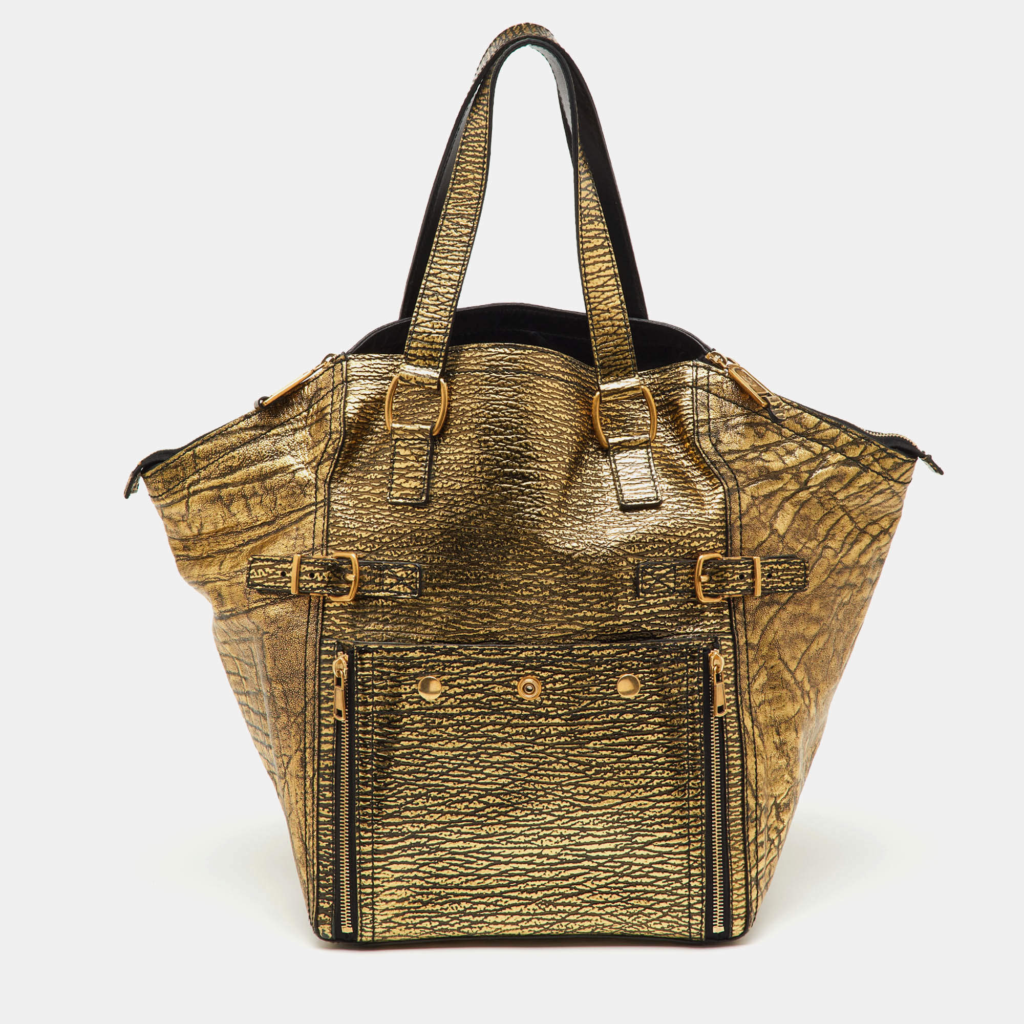 Pre Owned Yves Saint Laurent Metallic Gold/Black Leather Downtown Tote