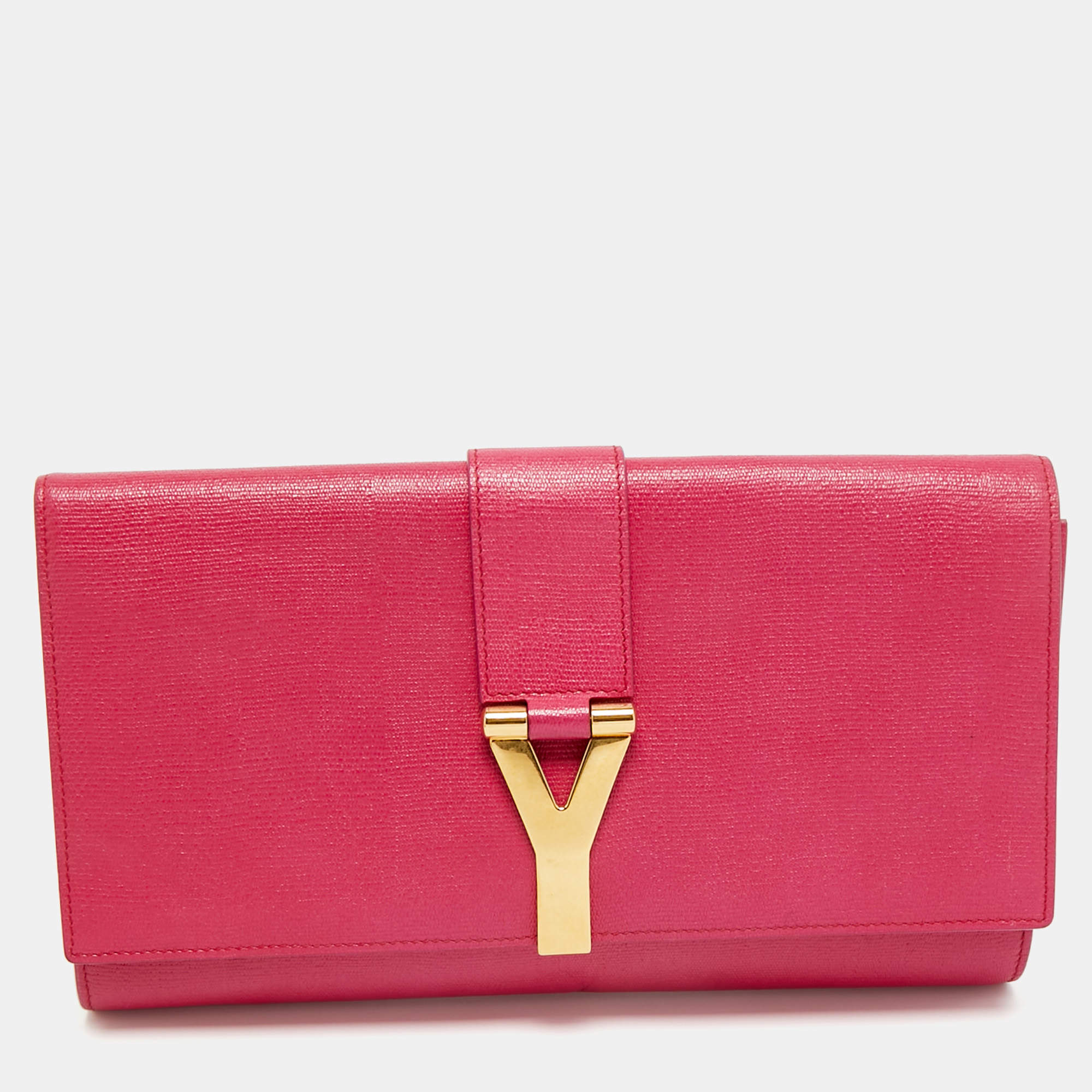 Pre Owned Yves Saint Laurent Fuchsia Leather Ligne Y Clutch
