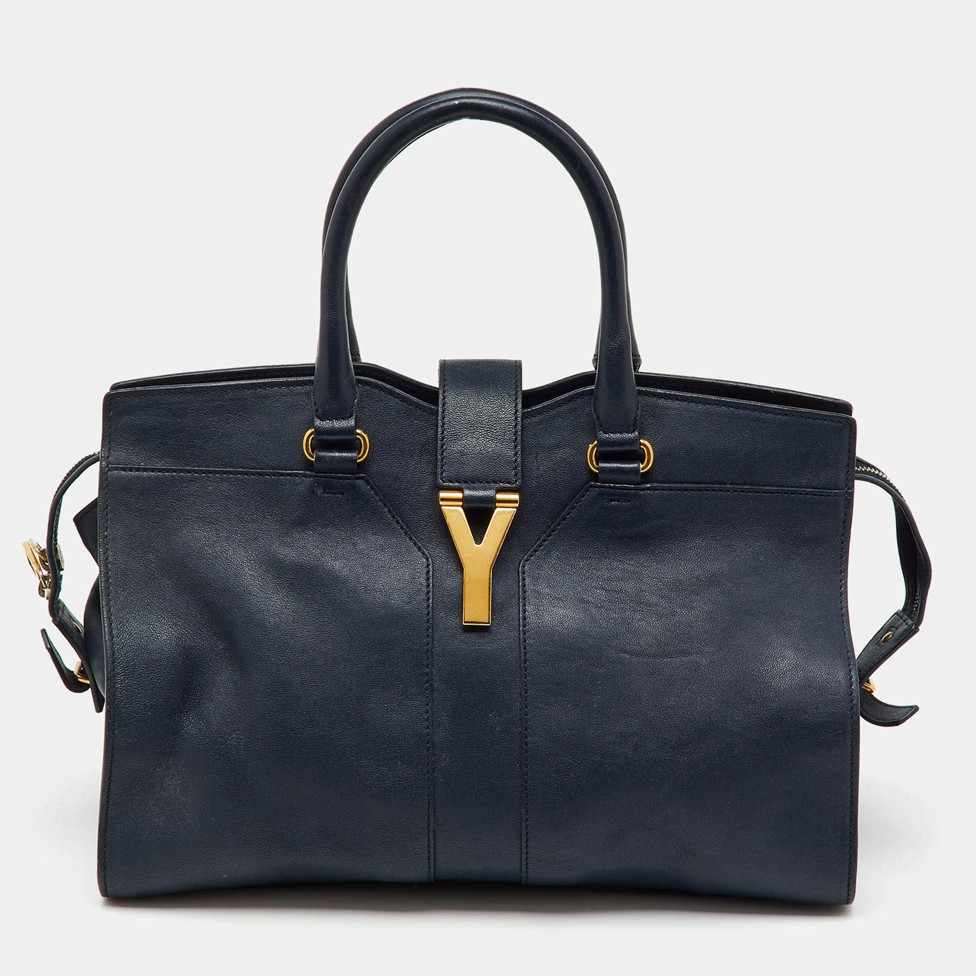 Pre Owned Yves Saint Laurent Navy Blue Leather Medium Cabas Y-Ligne Tote