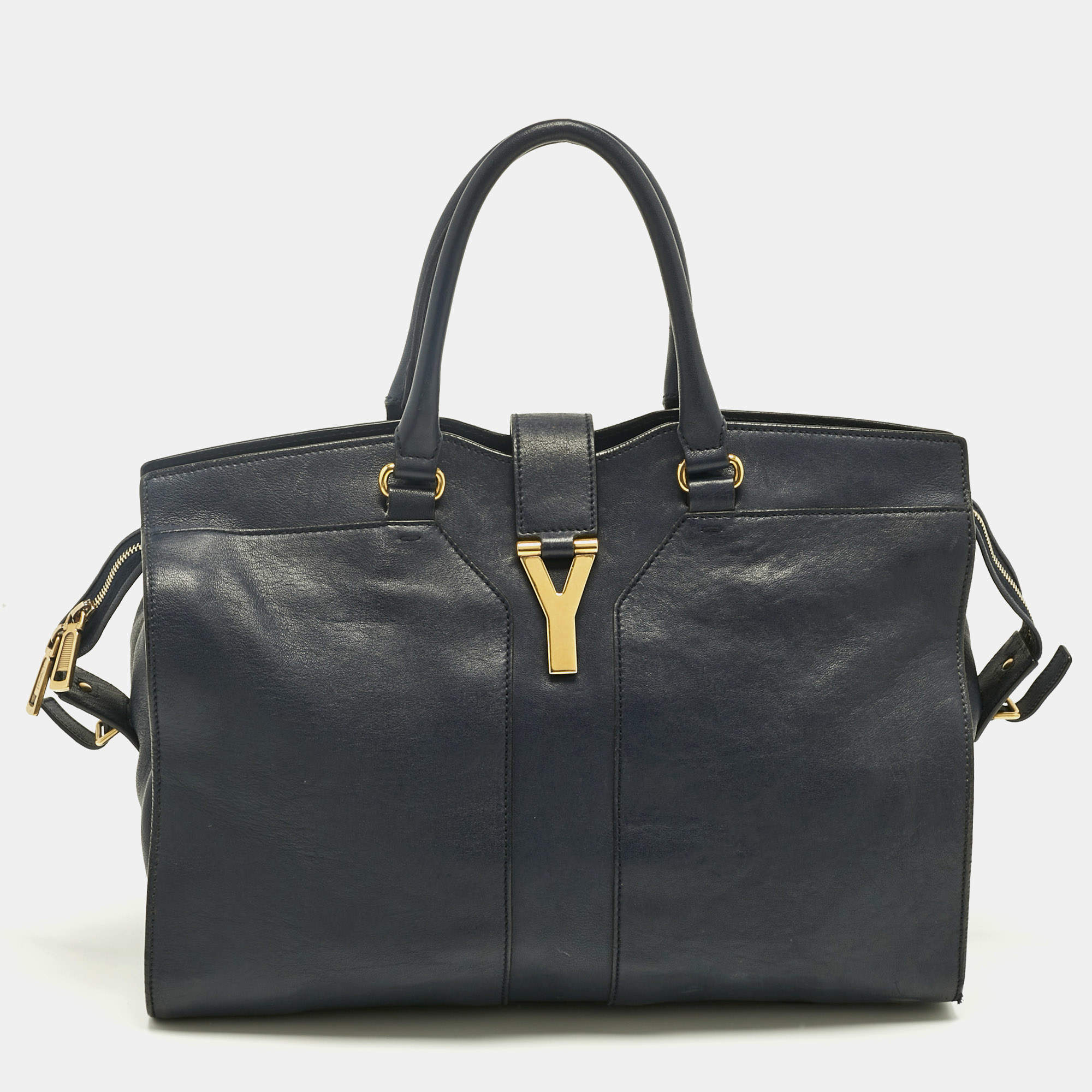 Pre Owned Yves Saint Laurent Navy Blue Leather Large Cabas Chyc Tote