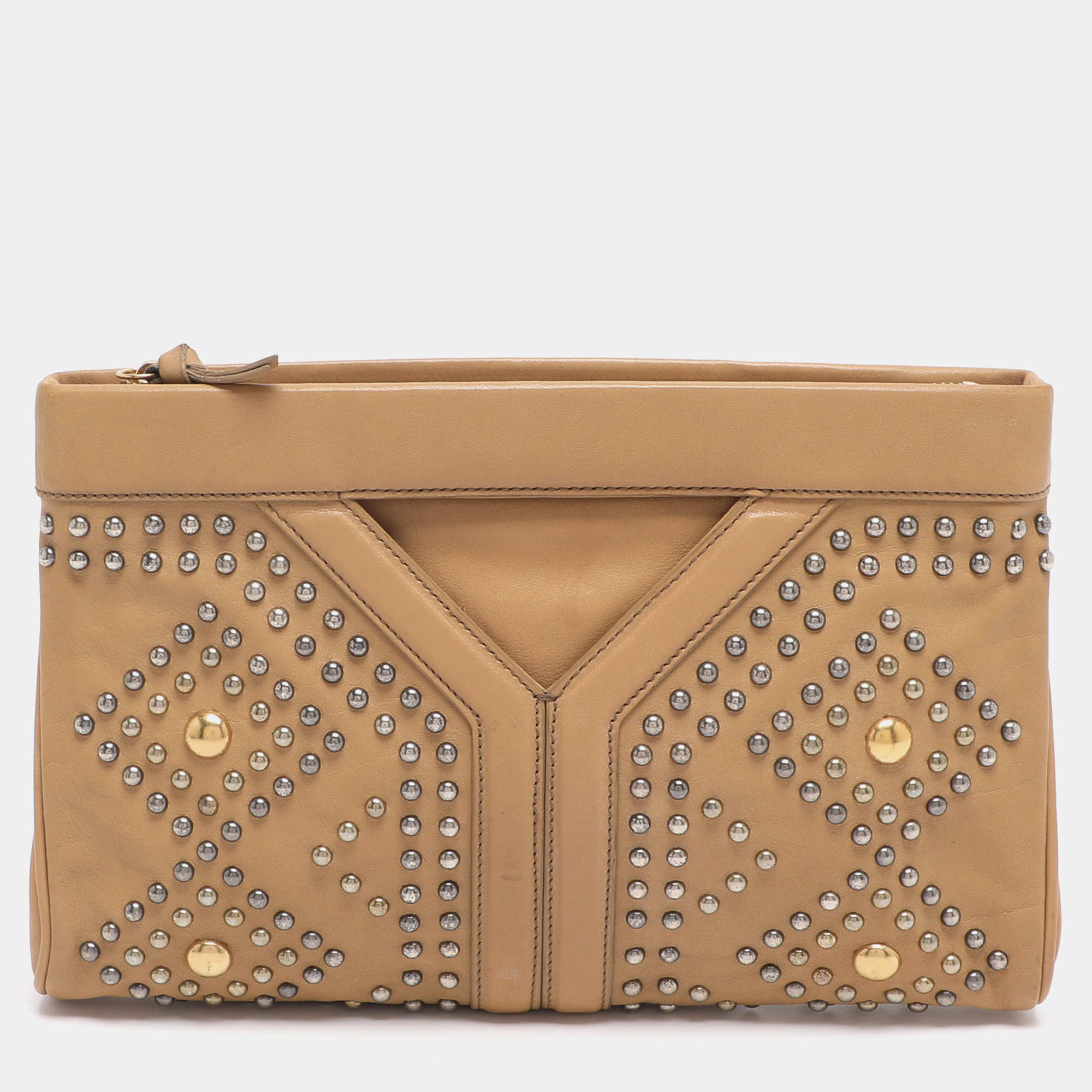 Pre Owned Yves Saint Laurent Beige Leather Studded Clutch
