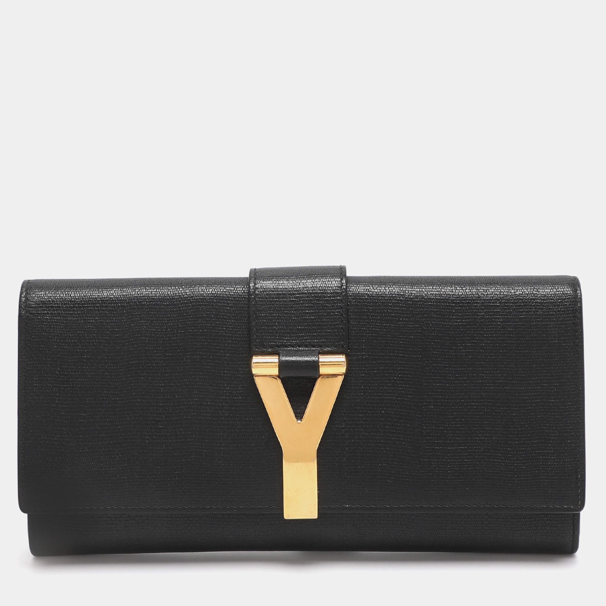 Pre Owned Yves Saint Laurent Black Textured Leather Y Line Clutch