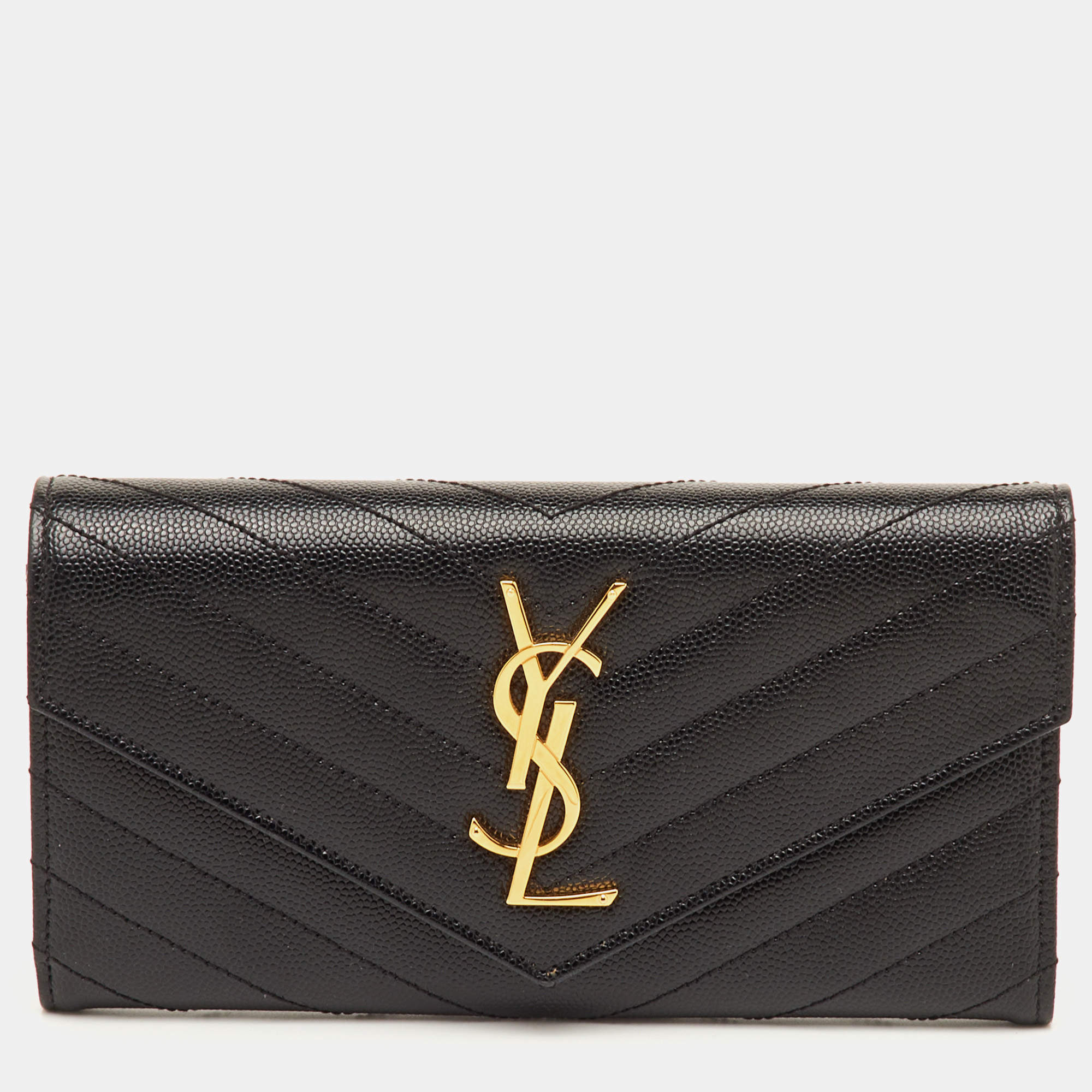 Pre Owned Saint Laurent Monogram Large Black Matelassé Leather Cassandre Flap Wallet