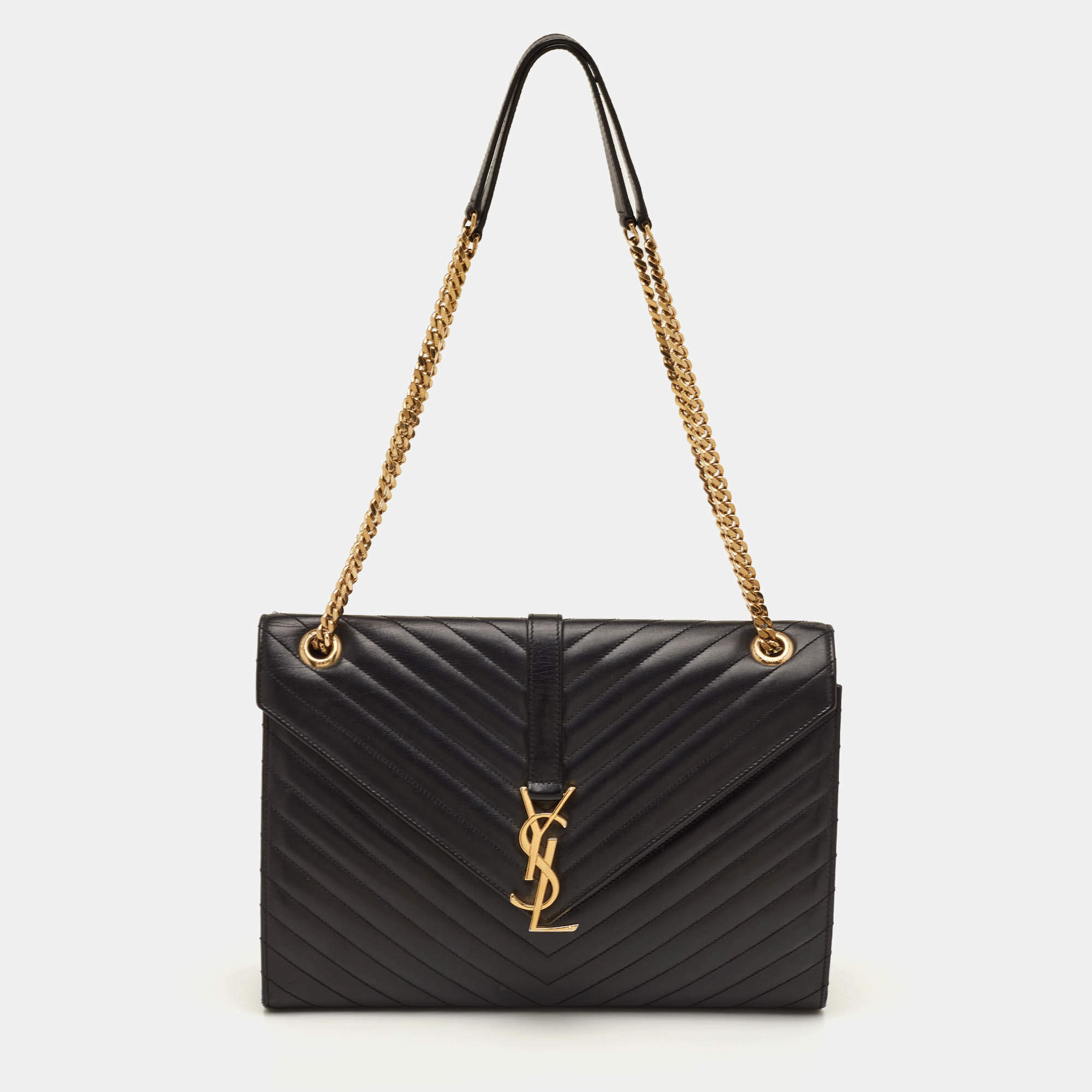 Pre Owned Saint Laurent Envelope Large Black Matelasse Leather Shoulder Bag