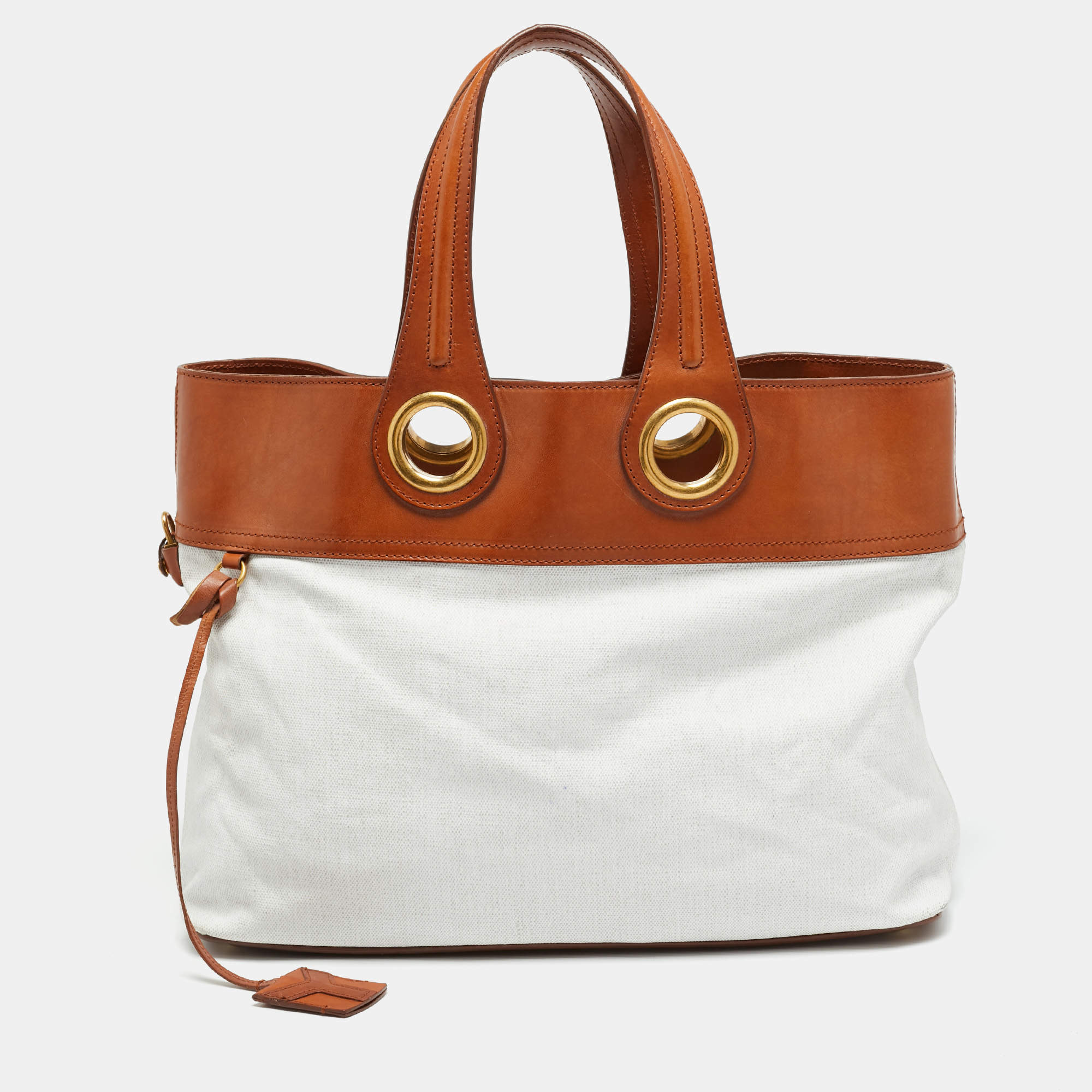 Pre Owned Yves Saint Laurent Sac Palma Tan/White Coated Canvas and Leather Tote