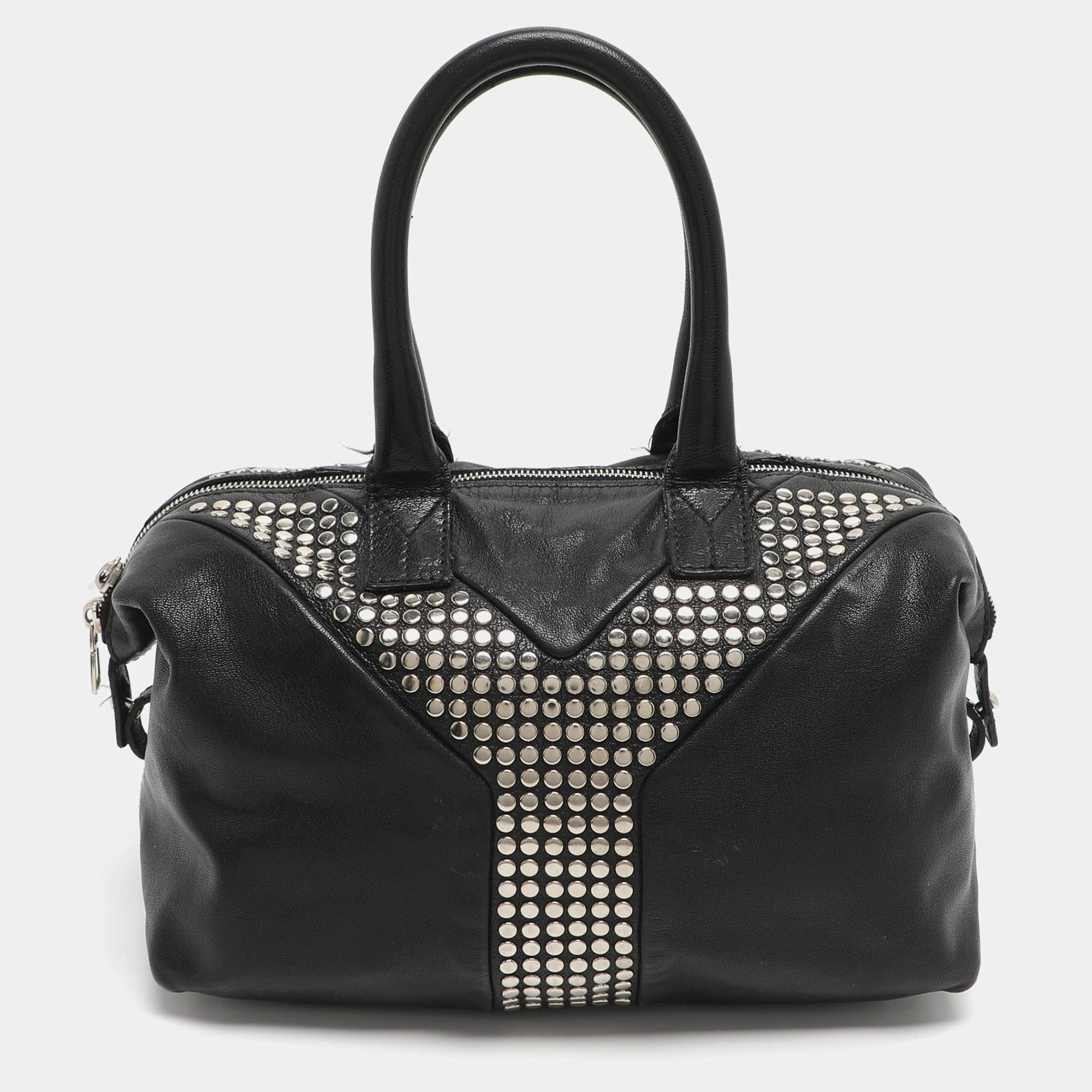 Pre Owned Yves Saint Laurent Easy Y Studded Black Leather Boston Bag
