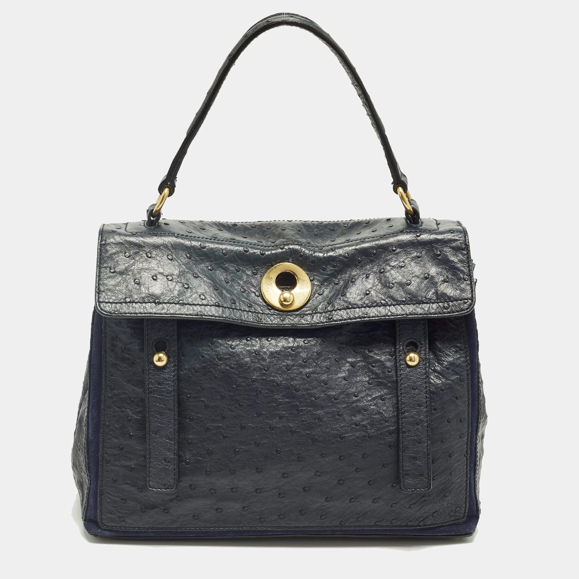 Pre Owned Yves Saint Laurent Muse Two Navy Blue Ostrich Leather and Suede Top Handle Bag