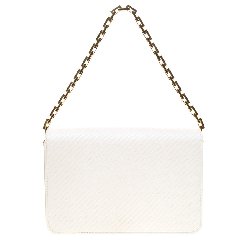 مملوكة مسبقًا حقيبة سان لوران سلسلة بابيلون جلد شيفرون بيضاء