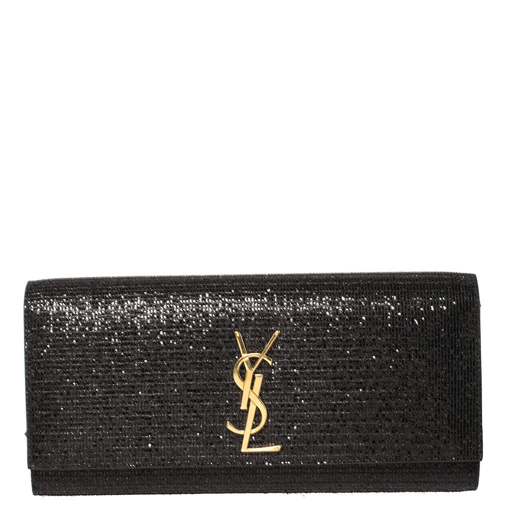 Pre Owned Saint Laurent Black Glitter Fabric Cassandre Clutch