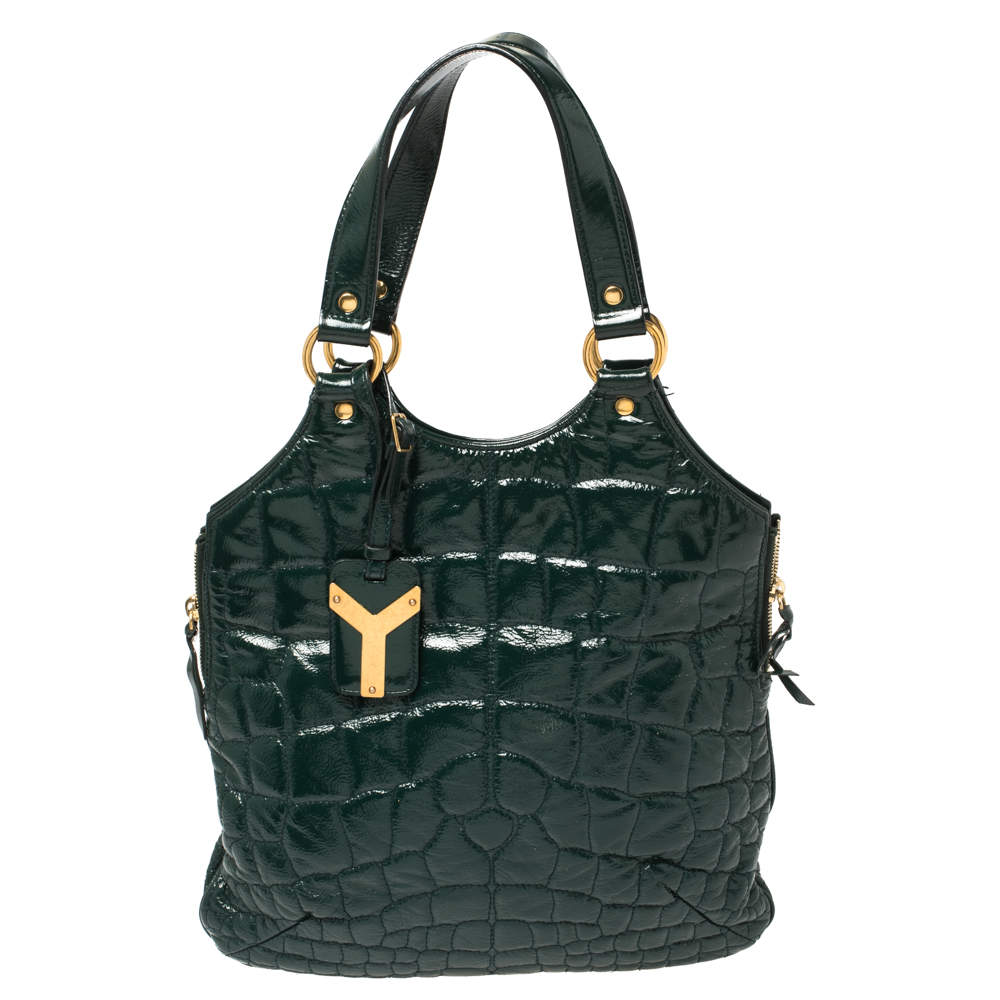 Pre Owned Yves Saint Laurent Green Croc Embossed Patent Leather Tribute Tote