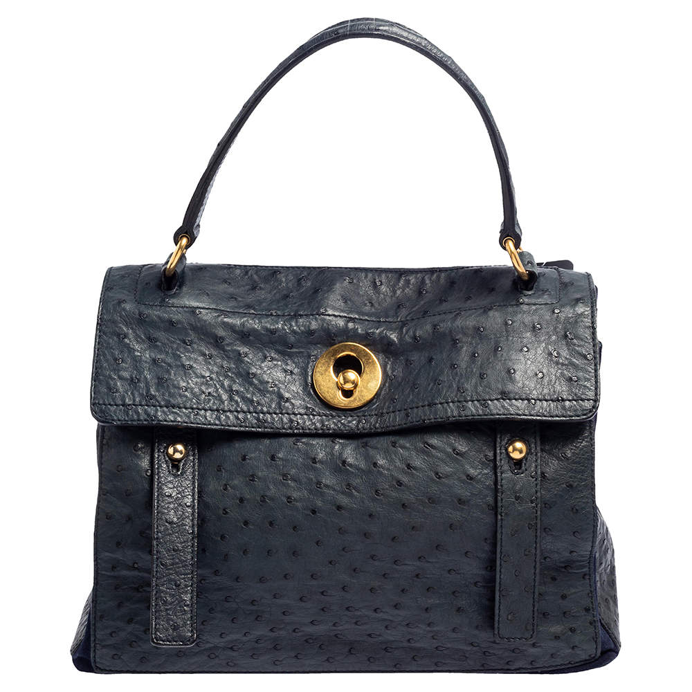 Pre Owned Yves Saint Laurent Navy Blue Ostrich Muse Two Satchel