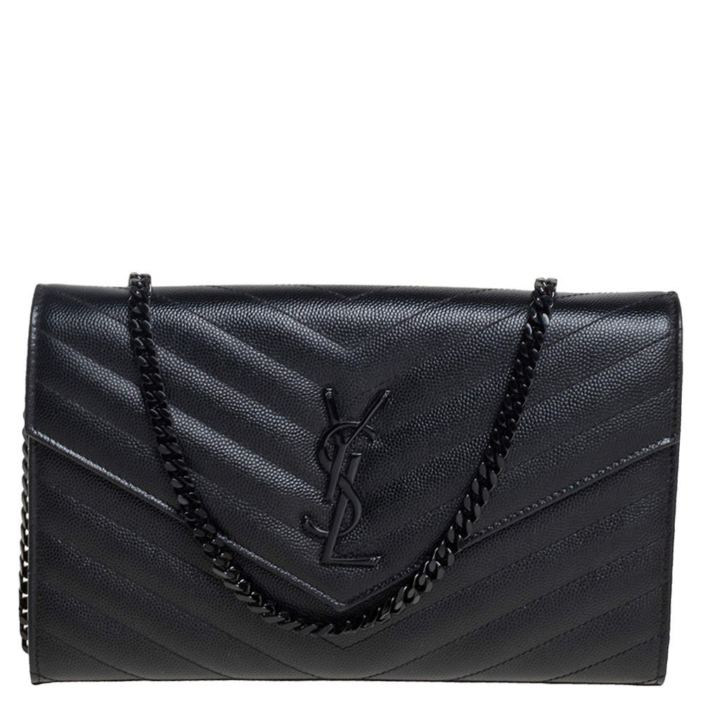 Pre Owned Saint Laurent Black Chevron Quilted Leather Monogram Envelope Wallet on Chain