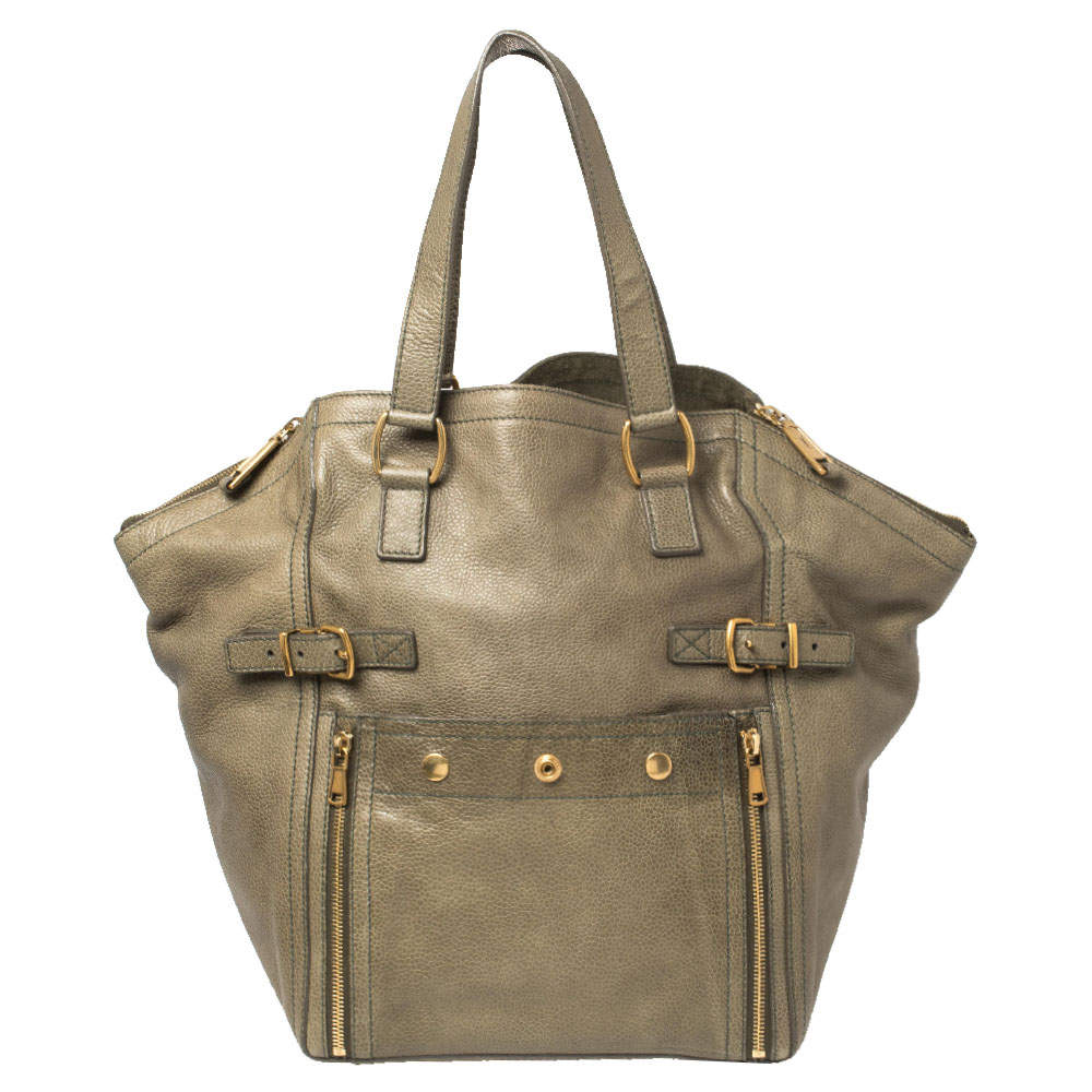 Pre Owned Yves Saint Laurent Military Green Leather Large Downtown Tote