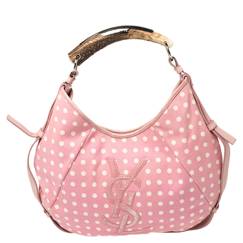 Pre Owned Yves Saint Laurent Pink//White Fabric Polka Dot Mombasa Hobo
