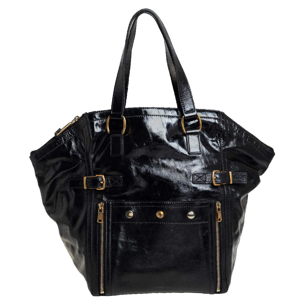 مملوكة مسبقًا حقيبة يد سان لوران باريس داونتاون كبيرة جلد لامع أسود 