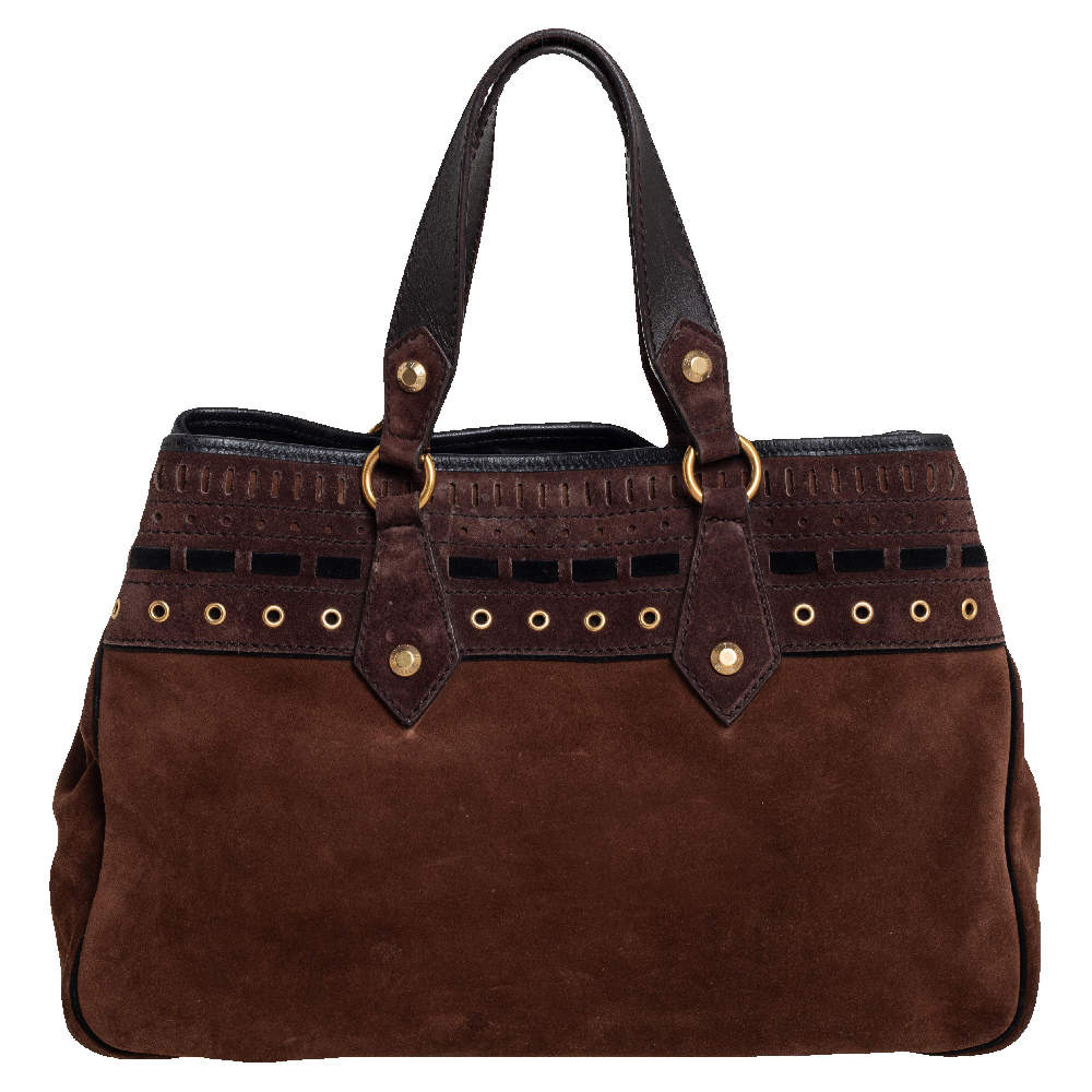 Pre Owned Yves Saint Laurent Brown Suede Eyelet Embellished Tote