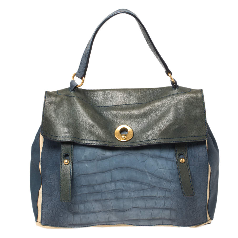Yves Saint Laurent Tri Color Croc Embossed Leather and Canvas Large Muse Two Top Handle Bag