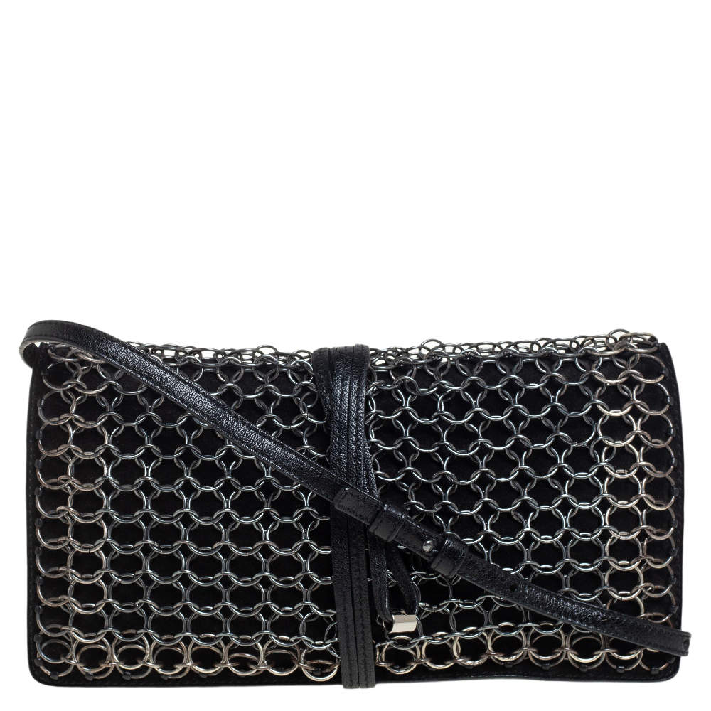 Pre Owned Yves Saint Laurent Black Suede and Leather Chain Link Flap Shoulder Bag