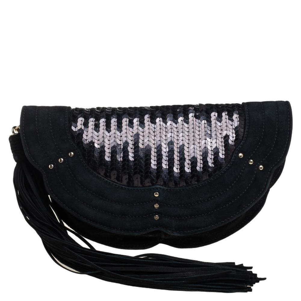 مملوكة مسبقًا Yves Saint Laurent Suede and Sequins Fringe Flap Clutch
