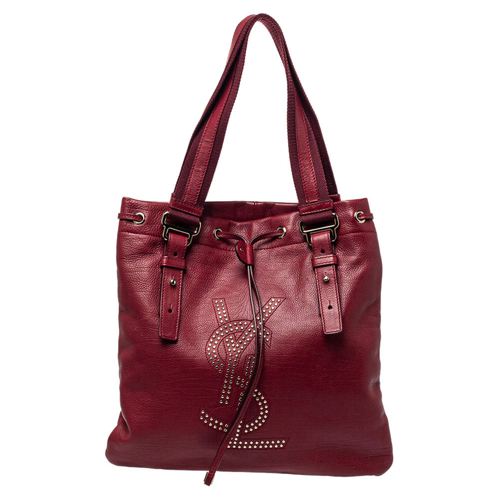 Pre Owned Yves Saint Laurent Maroon Leather Small Kahala Drawstring Tote