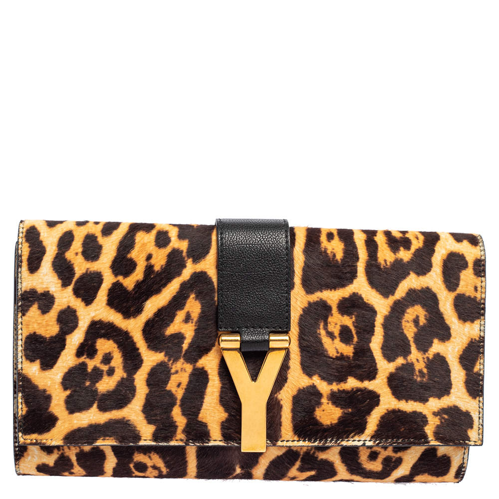 Yves Saint Laurent Brown/Black Leopard Print Calf Hair and Leather Chyc Clutch