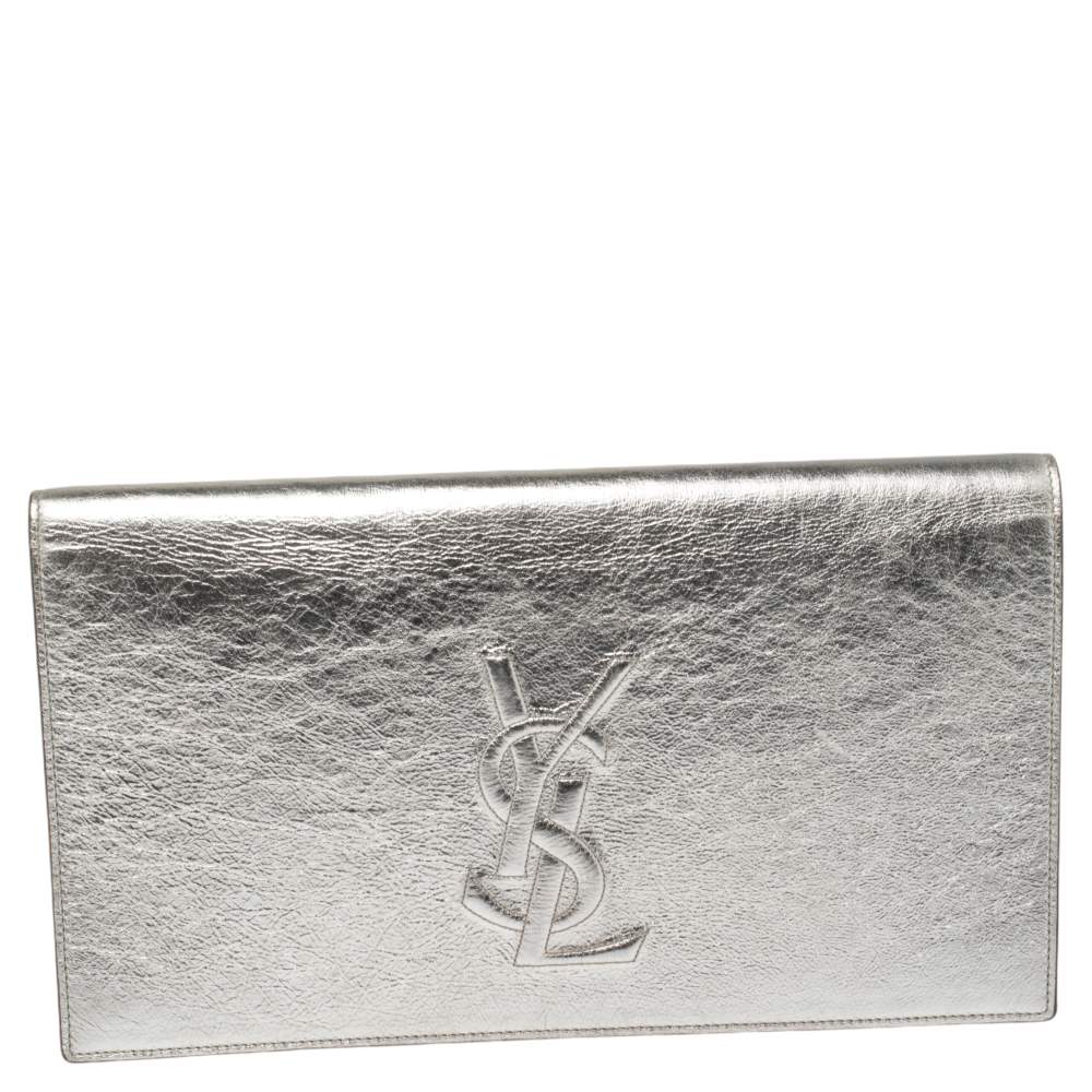 Pre Owned Yves Saint Laurent Metallic Silver Leather Belle De Jour Clutch