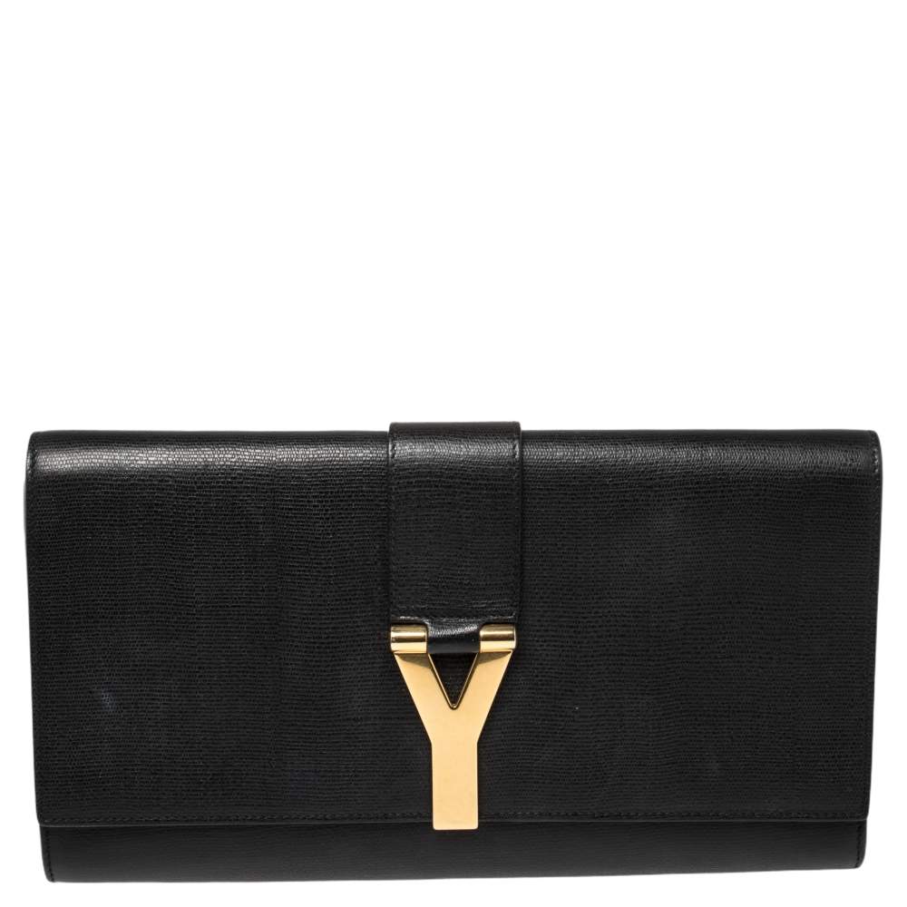 Pre Owned Yves Saint Laurent Black Textured Leather Y-Ligne Clutch