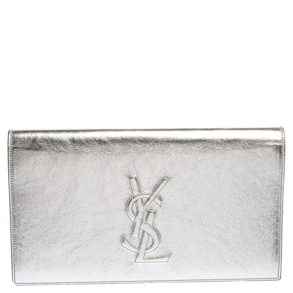 Pre Owned حقيبة كلتش إيف سان لوران بل دو جور جلد فضي ميتاليك 