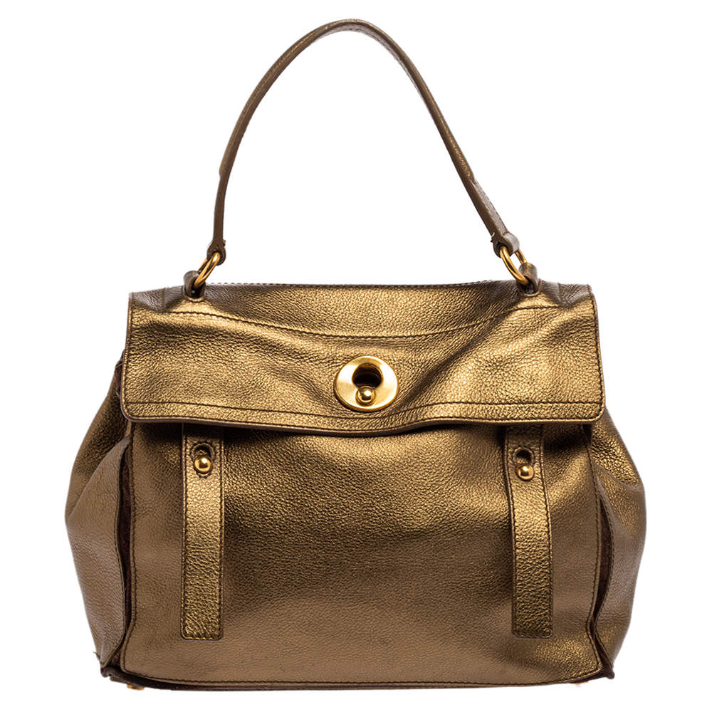 Yves Saint Laurent Metallic Gold Leather and Suede Medium Muse Top Handle Bag
