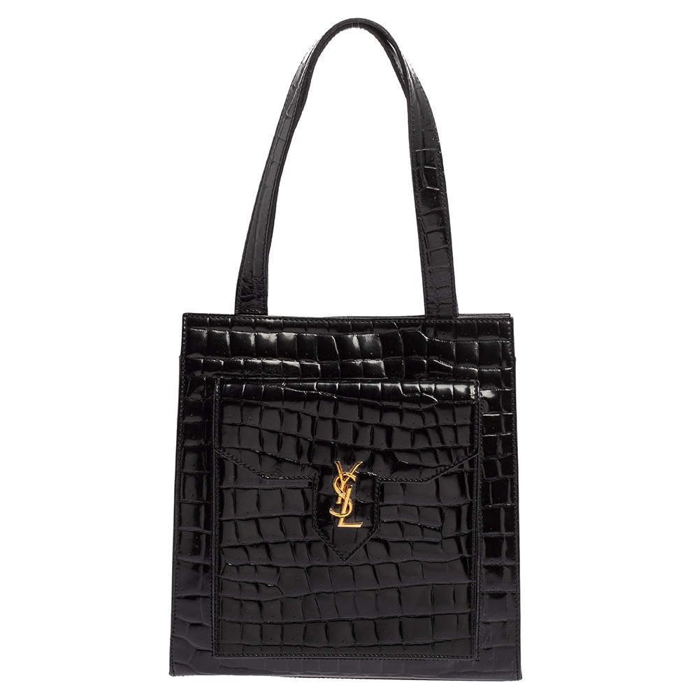 Pre Owned Yves Saint Laurent Black Croc Embossed Leather Tote