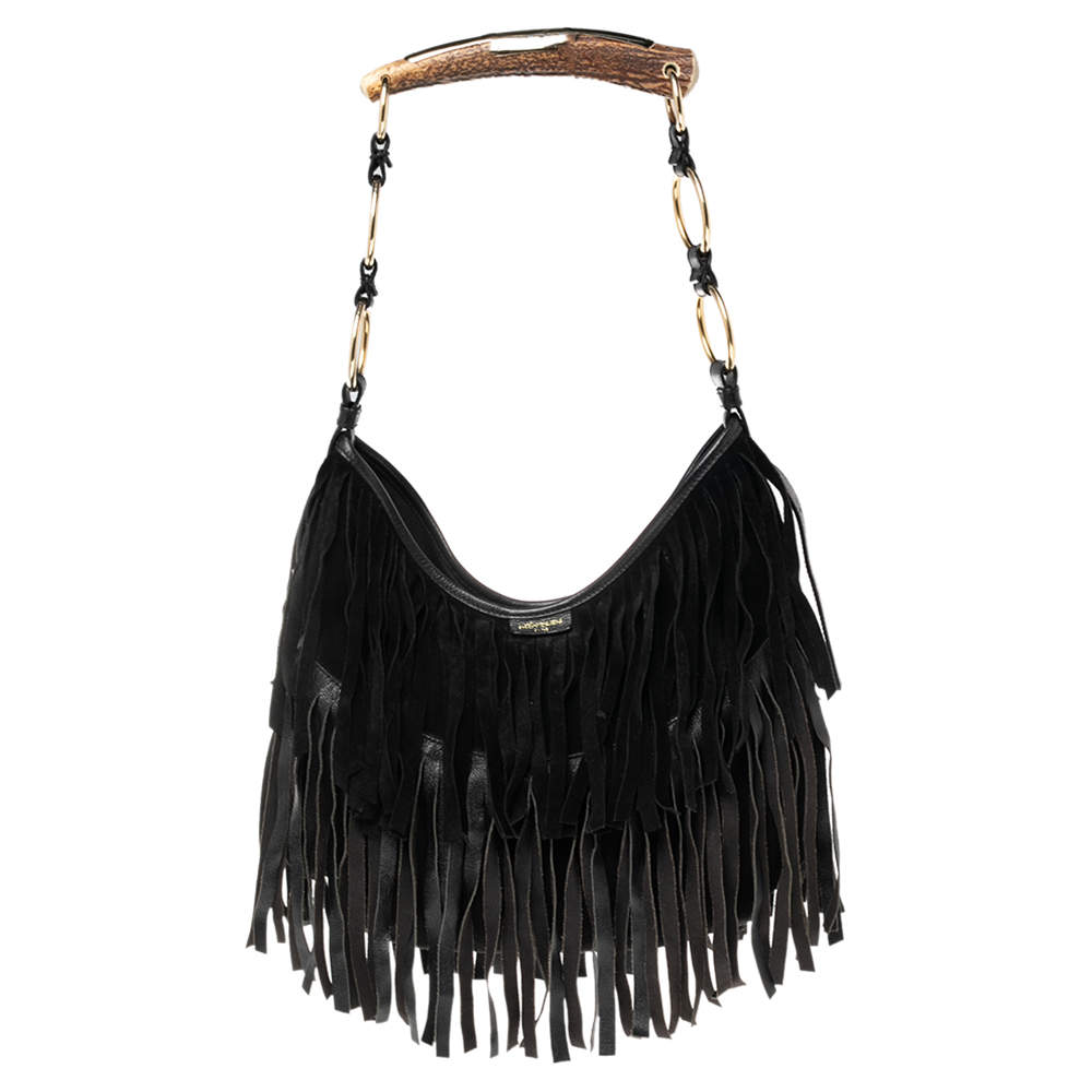 Pre Owned Yves Saint Laurent  Black Suede and Leather Fringe Mombasa Hobo