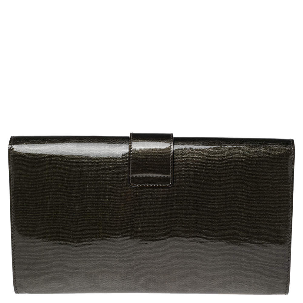 Yves Saint Laurent Olive Green Patent Leather Y-Ligne Clutch at 1stDibs