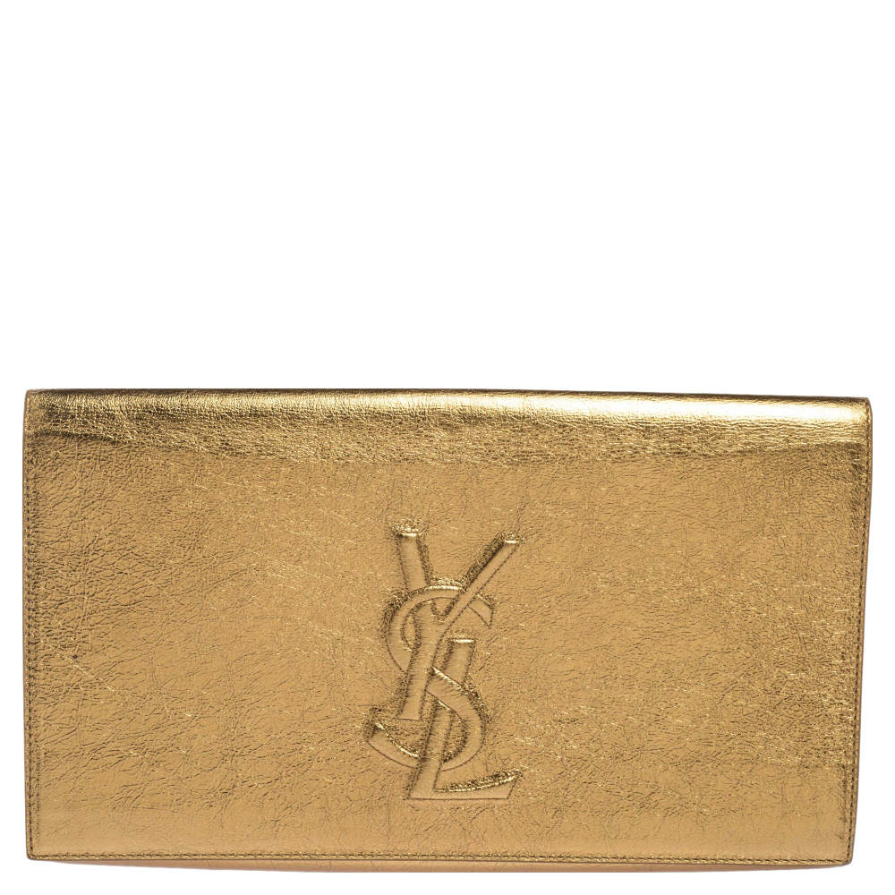 Pre Owned Yves Saint Laurent Metallic Gold Crinkled Leather Belle De Jour Clutch