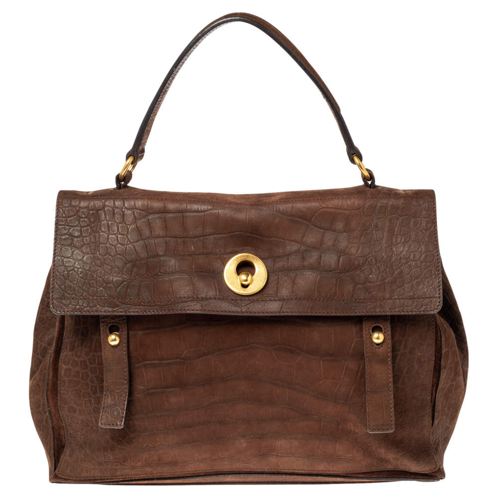 Pre Owned Yves Saint Laurent Brown Croc Embossed Leather and Suede Large Muse Two Top Handle Bag