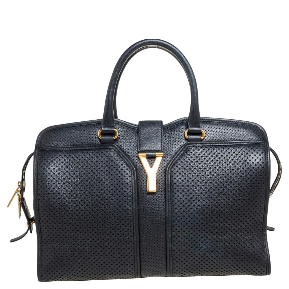 Pre Owned Yves Saint Laurent Black Perforated Leather Medium Cabas Chyc Tote
