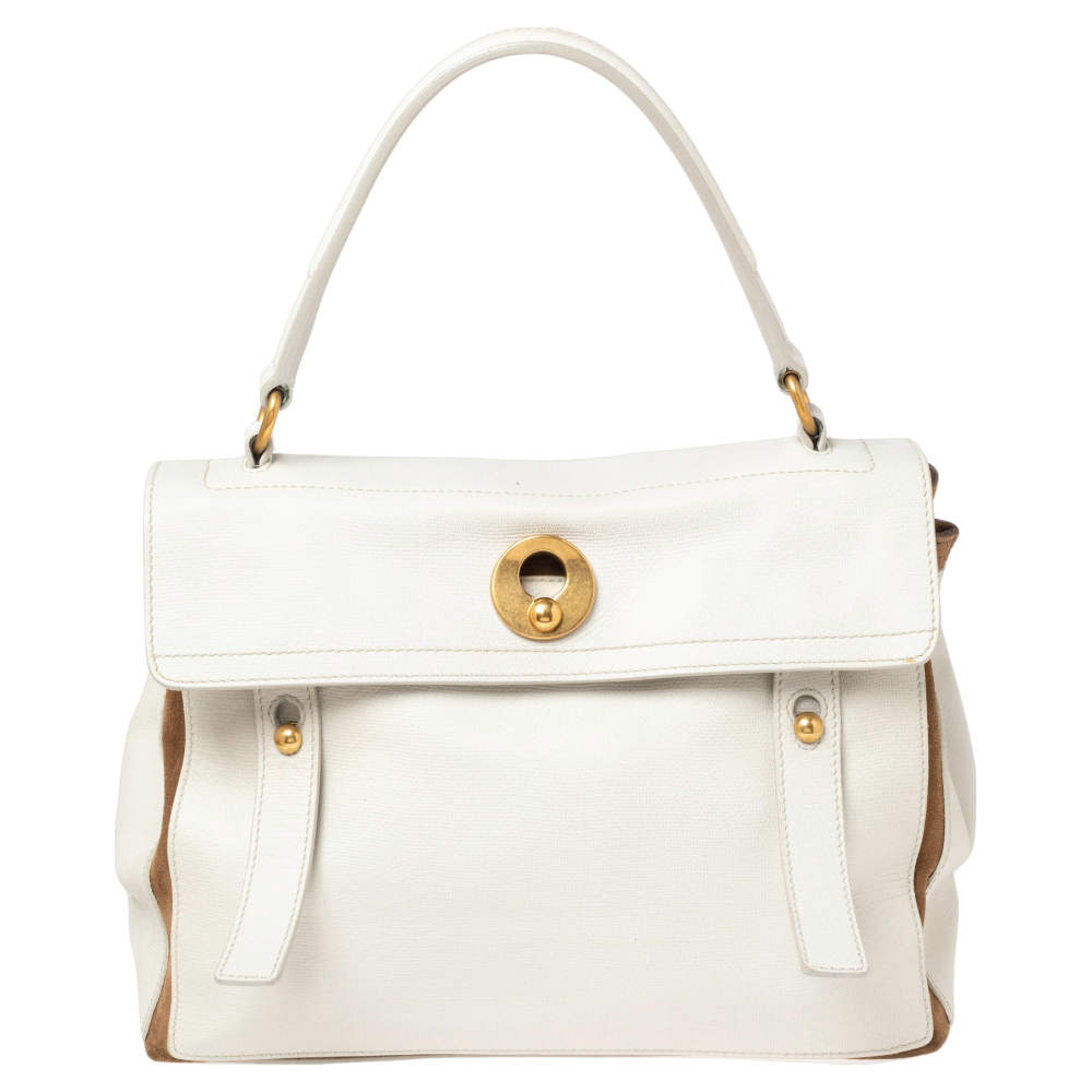 Yves Saint Laurent White/Brown Leather And Suede Muse Two Top Handle Bag