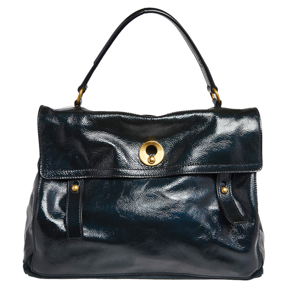 Yves Saint Laurent Deep Green Patent Leather and Suede Large Muse Two Bag