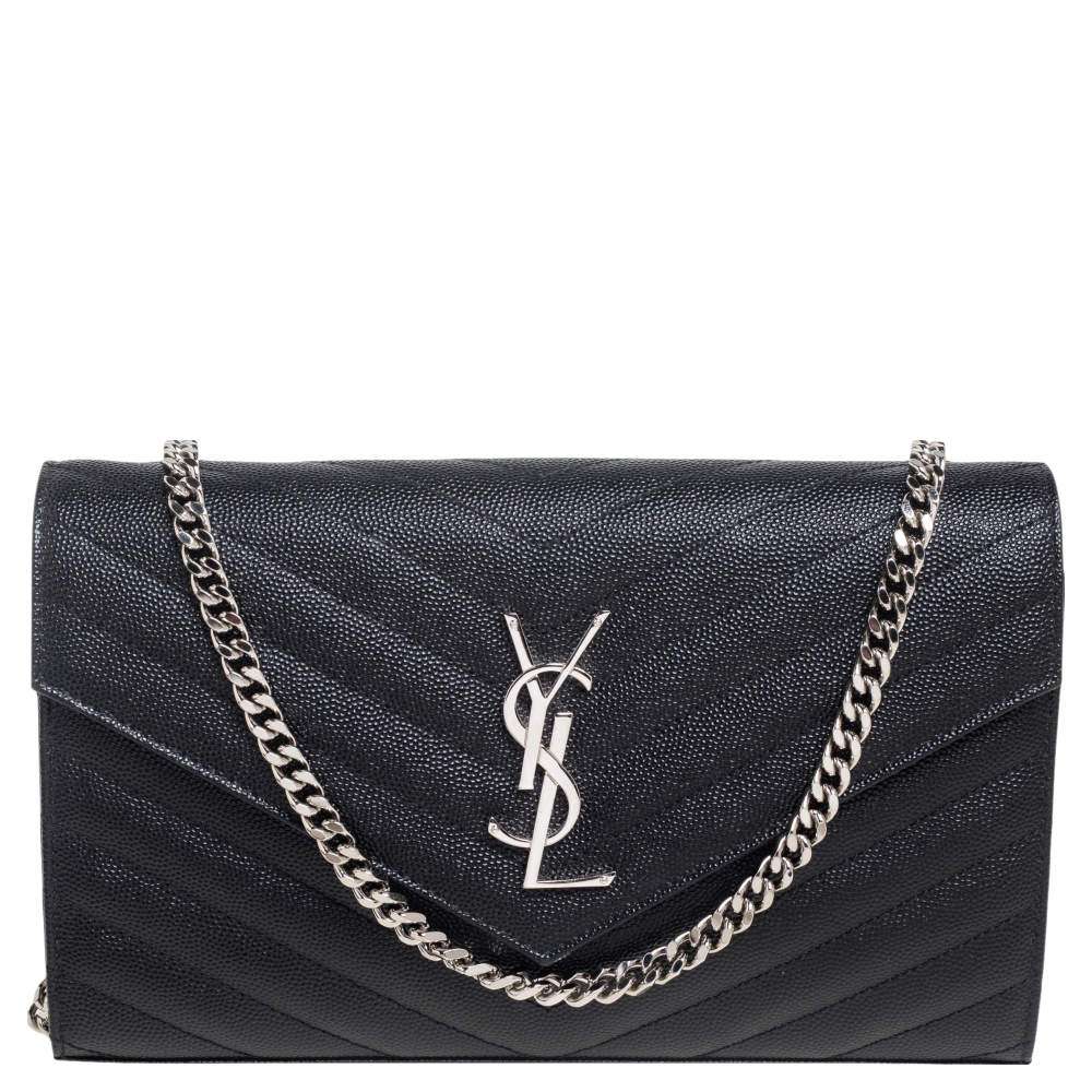 Pre Owned Saint Laurent Black Matelassé Leather Monogram Envelope Wallet on Chain