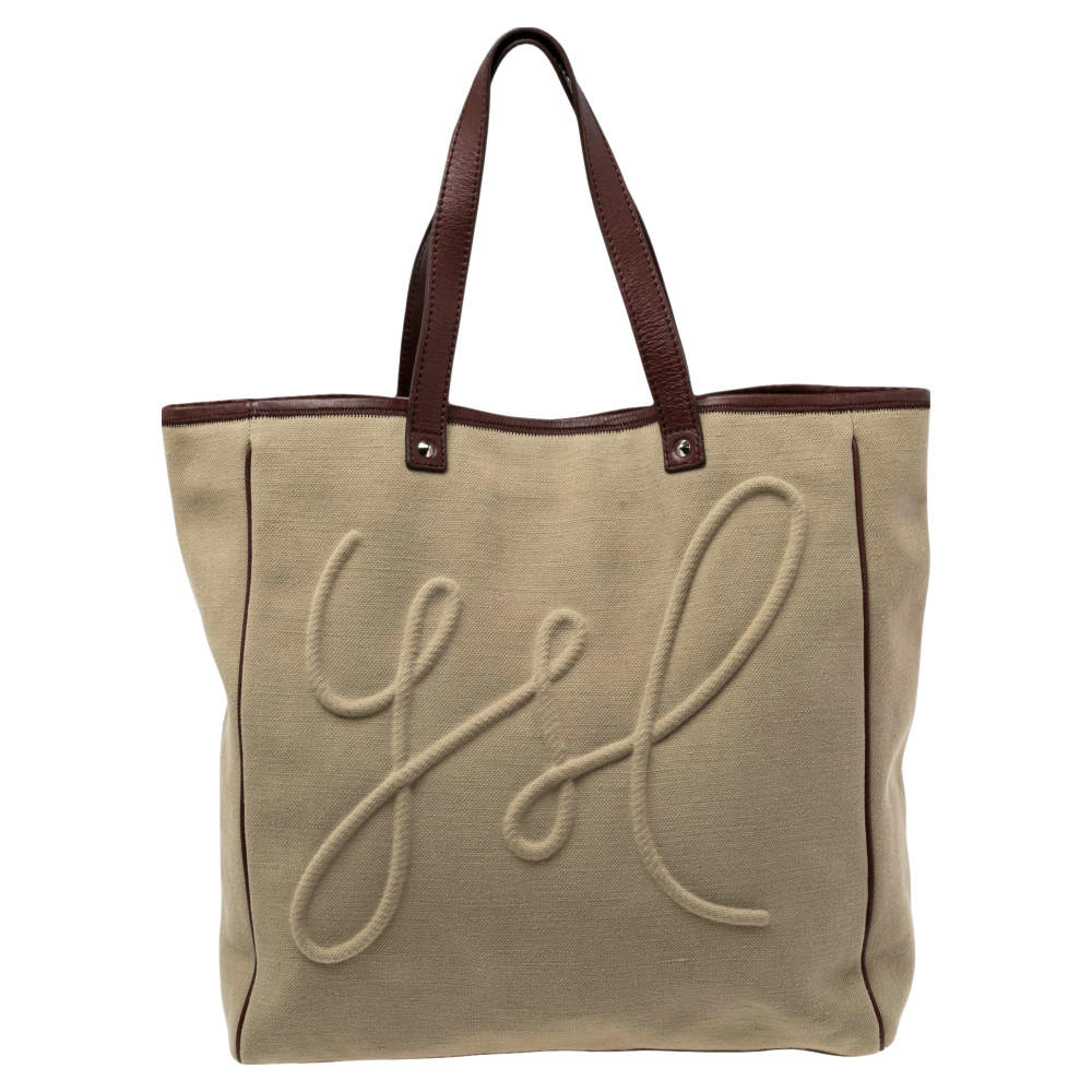 Pre Owned Yves Saint Laurent Brown/Beige Canvas and Leather Trim Charms Tote