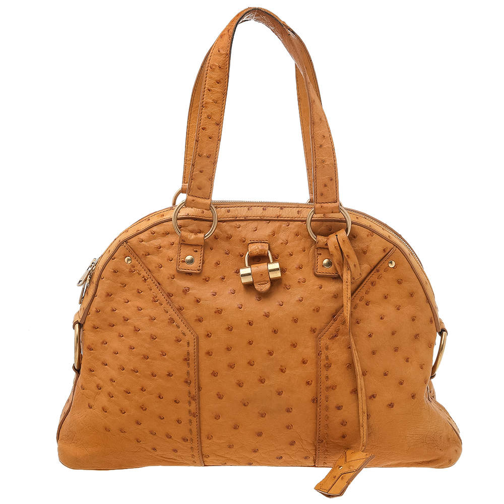 Pre Owned Yves Saint Laurent Tan Ostrich Large Muse Satchel