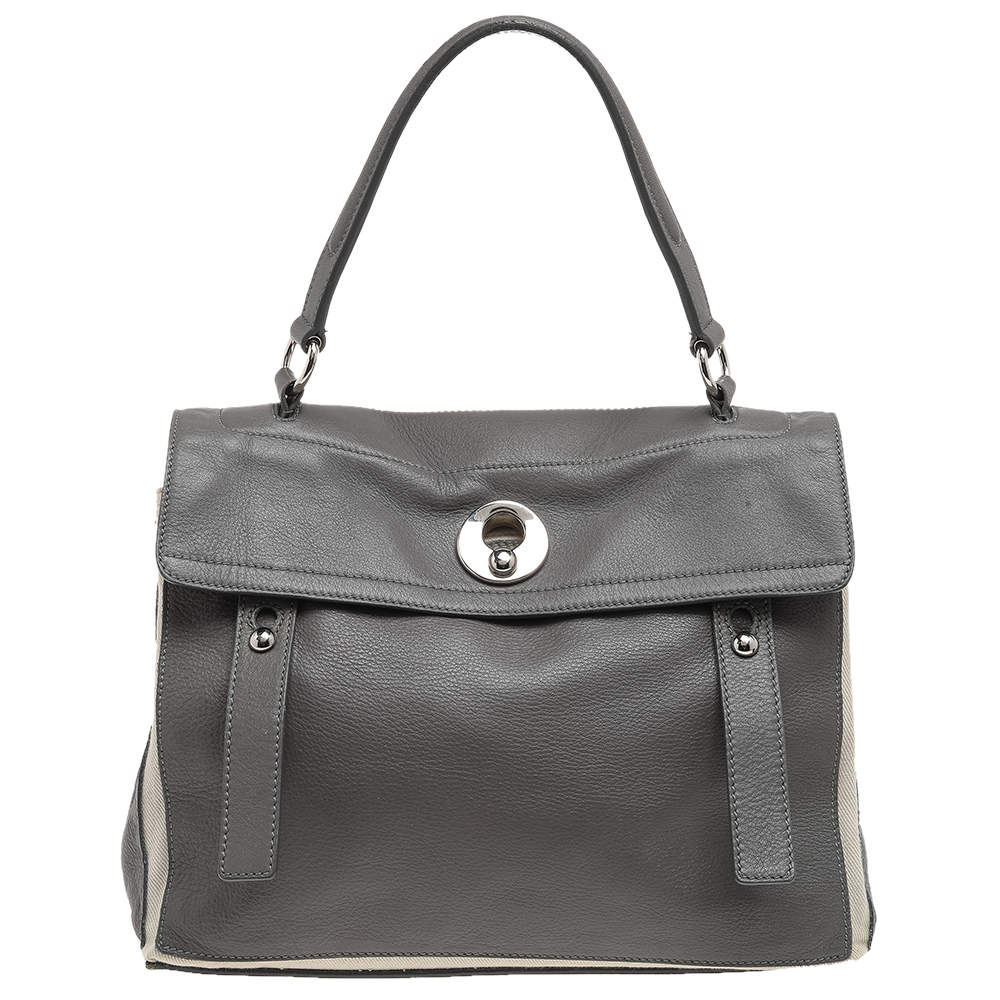 Pre Owned Yves Saint Laurent Grey/White Leather And Canvas Muse Two Top Handle Bag