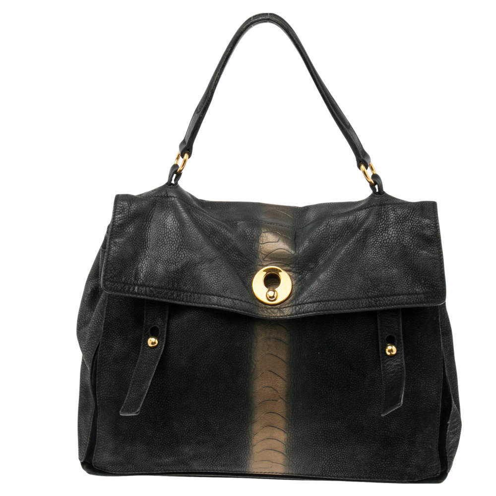 Pre Owned Yves Saint Laurent Black/Gold Nubuck Leather and Suede Large Muse Two Satchel