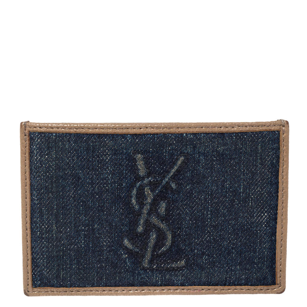 Pre Owned Yves Saint Laurent Blue Denim and Leather Card Holder