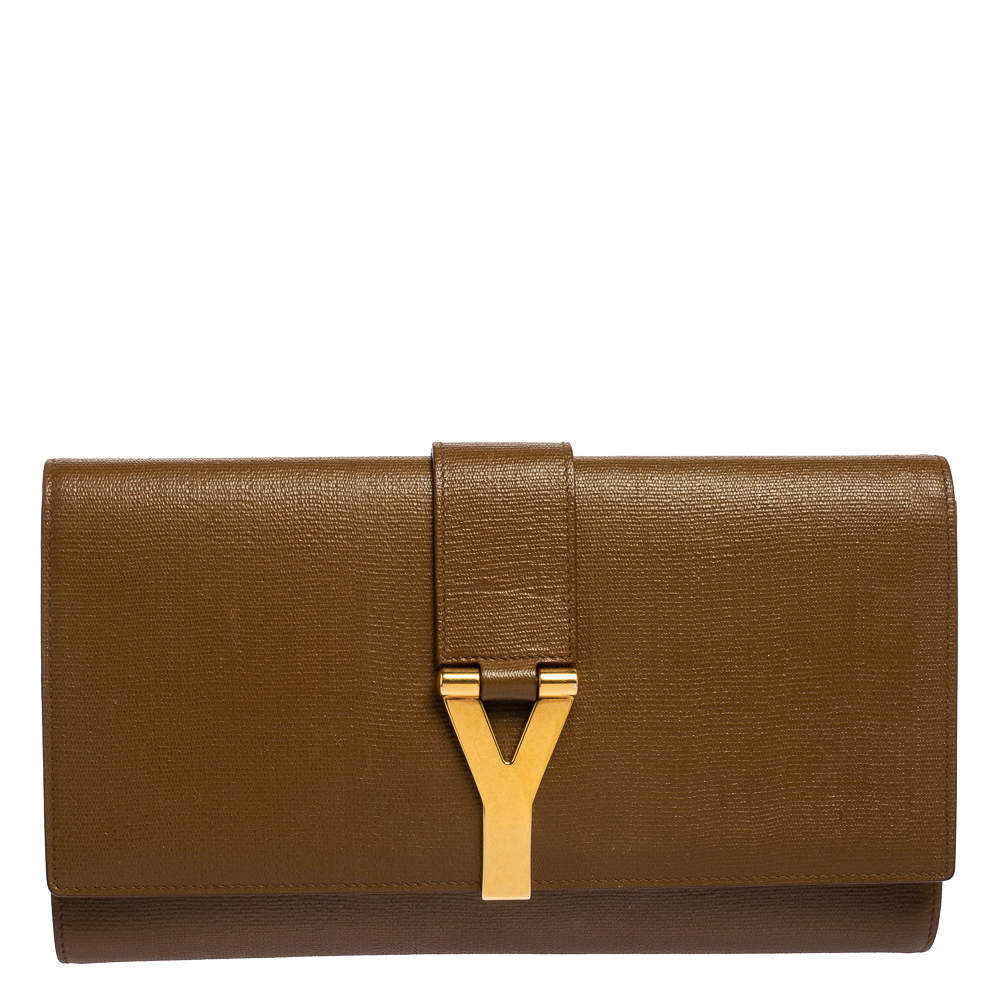 Pre Owned Yves Saint Laurent Brown Textured Leather Y-Ligne Clutch