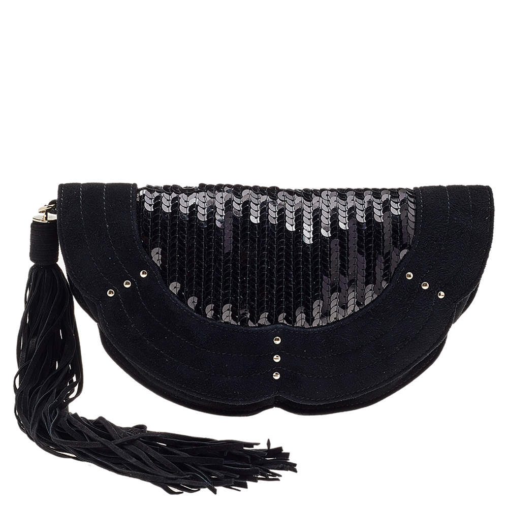 مملوكة مسبقًا Yves Saint Laurent Suede And Sequins Fringe Flap Clutch