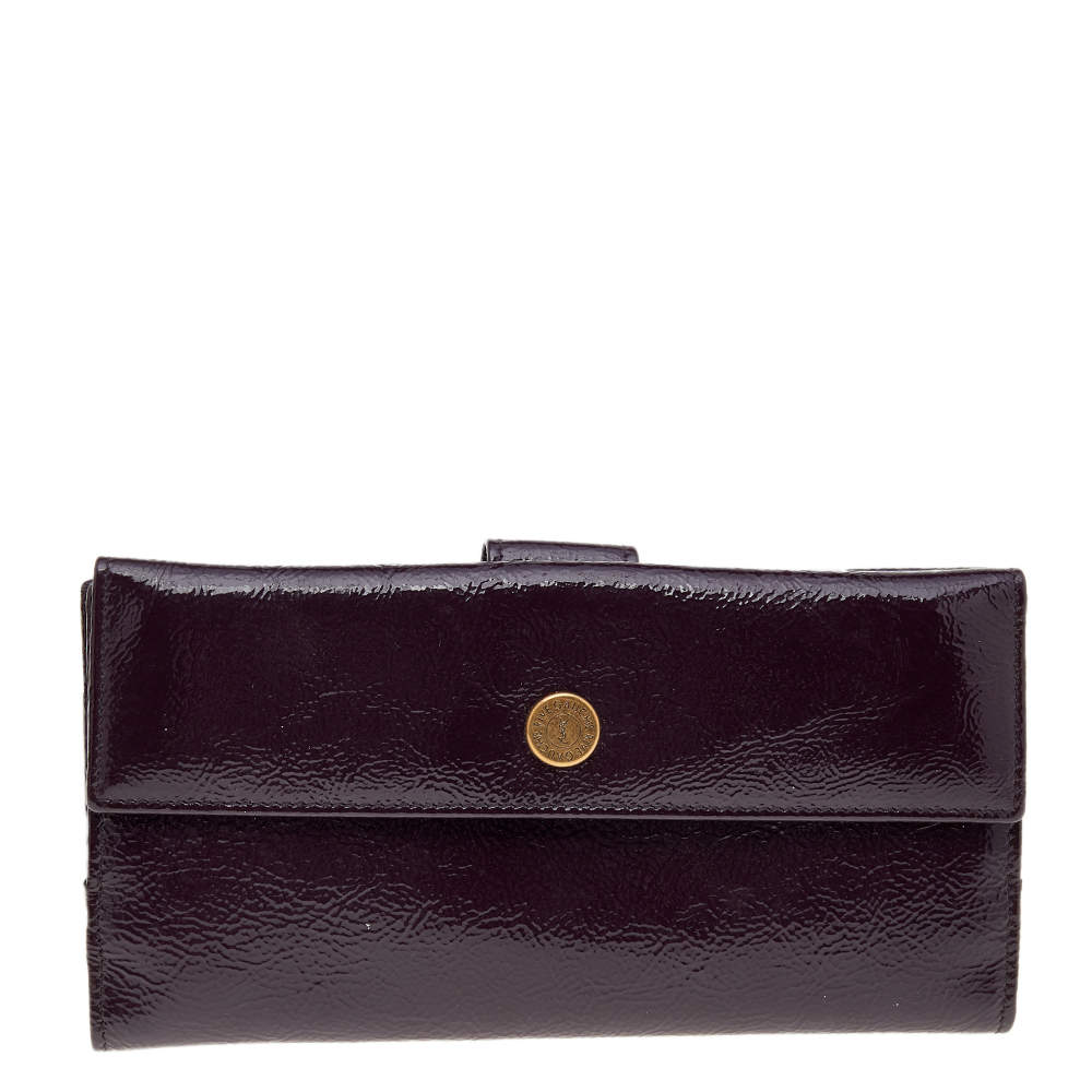 Pre Owned Yves Saint Laurent Dark Purple Patent Leather Long Wallet