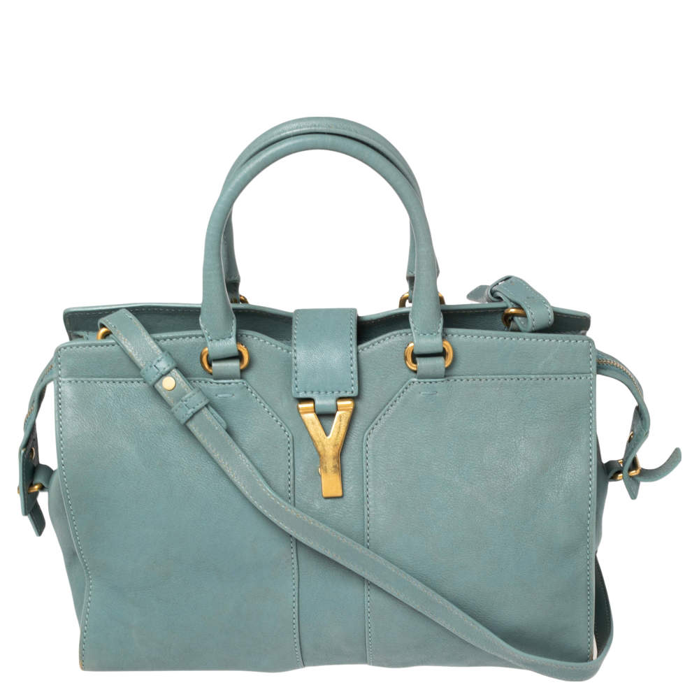 Pre Owned Yves Saint Laurent Pale Blue Leather Small Cabas Chyc Tote